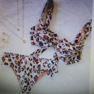 Patterned bikini with tie back cheetah